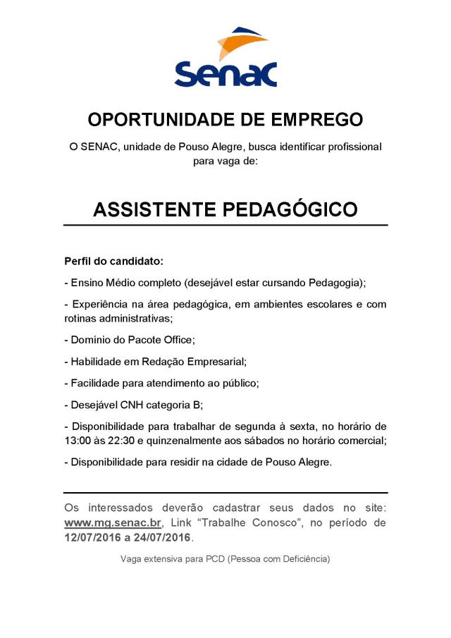 Anúncio Pouso Alegre Assitente Pedagogico